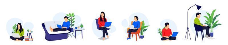 jeu de caractères indépendant hommes et femmes assis sur un fauteuil de canapé travaillant sur un ordinateur portable avec une pose différente isolée vecteur