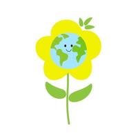 carte de voeux joyeux jour de la terre avec une fleur de terre de dessin animé mignon. illustration vectorielle. vecteur