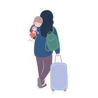 une femme ou une mère avec un petit enfant dans les bras et une valise. trouver un abri. personnes déplacées, immigrées ou réfugiées. l'aide internationale et nationale aux réfugiés. vecteur