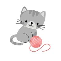 illustration vectorielle de chat heureux mignon sur fond blanc en style cartoon. boule de fil préférée. vecteur