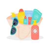 sac femme avec accessoires de plage crème solaire, lunettes de soleil. ensemble d'éléments de conception d'été. notion de coup de soleil. illustration vectorielle. vecteur