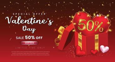 saint valentin 50% de réduction sur le modèle de vente avec boîte cadeau et numéro 3d vecteur