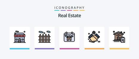 pack de 5 icônes remplies de ligne immobilière, y compris un stylo. document . plan . clé. conception d'icônes créatives vecteur