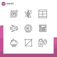 ensemble de 9 symboles d'icônes d'interface utilisateur modernes signes pour le poisson de pièce de monnaie créer des éléments de conception vectoriels modifiables de mise en page de la côte vecteur