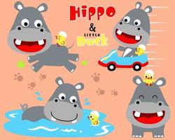 ensemble vectoriel de dessin animé hippopotame et canard dans différentes actions