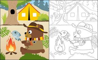 livre de coloriage ou page de dessin animé mignon d'ours en costume de scout rôtissant du poisson dans un terrain de camping vecteur