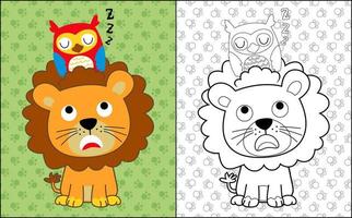 livre de coloriage ou page avec dessin animé de lion et de hibou sur fond de sentier d'animaux vecteur