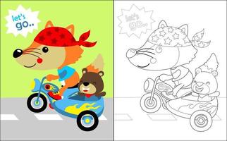 livre de coloriage de dessin animé drôle de renard et d'ours sur la moto vecteur