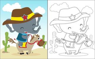 illustration vectorielle de livre de coloriage avec petit dessin animé d'éléphant en costume de cow-boy à cheval vecteur