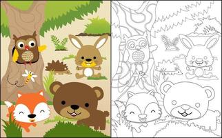 livre de coloriage ou page avec dessin animé drôle d'animaux dans les bois vecteur