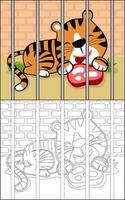 livre de coloriage ou page de dessin animé de tigre avec de la viande à l'intérieur de la cage vecteur