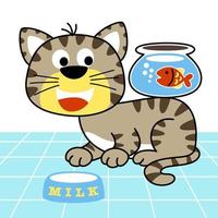 petit chat avec du poisson dans un bocal, illustration vectorielle de dessin animé vecteur