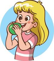 dessin animé d'illustration vectorielle d'une petite fille mangeant une pomme verte et montrant le signe du pouce vers le haut. vecteur