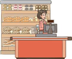 femme boulangère dans une boulangerie debout au bureau de la caisse, tenant du café et du pain. près de ses étagères pleines de pains, baguettes et divers produits de boulangerie. illustration vectorielle de dessin animé plat. vecteur