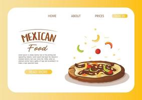 modèle de page de destination de site Web avec fajita mexicaine sur un plateau en bois. restauration rapide et collations de rue, tortillas à la viande, livraison de plats à emporter vecteur