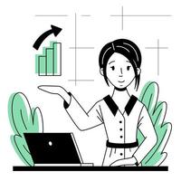 illustration vectorielle dans un style plat, un personnage, un économiste montrant un graphique de croissance à une table avec un ordinateur portable. vecteur