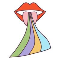 rétro des années 70 groovy hippie autocollant lèvre arc-en-ciel. élément de dessin animé psychédélique - illustration funky dans un style hippie vintage. illustration vectorielle plate pour bannière, flyer, invitation, carte. vecteur