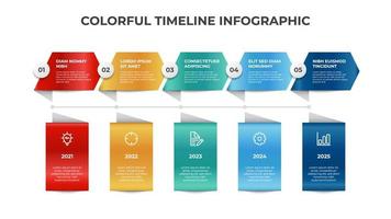 modèle d'élément infographique, conception de mise en page de chronologie colorée avec 5 points, option, liste, vecteur de visualisation de données d'entreprise