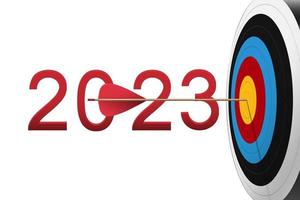 flèche rouge frappée au centre du jeu de fléchettes avec le numéro 2023. cible de tir à l'arc et bullseye. succès de l'entreprise, objectif d'investissement, défi, stratégie d'objectif, concept de mise au point de réalisation. vecteur