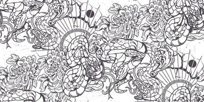 modèle sans couture monochrome avec des serpents, des chrysanthèmes japonais vecteur