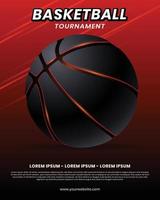 affiche de bannière publicitaire de tournoi avec basket noir et fond rouge vecteur