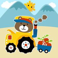 petit ours conduisant un tracteur tirant des fruits sur un chariot, illustration vectorielle de dessin animé vecteur