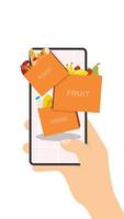 concept de produits d'achat en ligne via une application dans un smartphone. livraison rapide du sac d'épicerie du supermarché avec de la viande, du lait, du fromage, des œufs, des légumes, des fruits et du vert. illustration de vecteur de dessin animé.