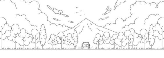 décrivez les montagnes du paysage, la forêt, la voiture et les voyages. illustration vectorielle de dessin au trait vecteur