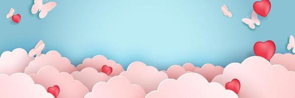 nuage d'art papier illustration avec des papillons sur le concept de la saint-valentin rose. papillon volant dans le ciel. papier de conception créative découpé et style artisanal origami nuageux et ciel pour vecteur de couleur pastel paysage