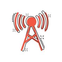 icône de tour d'antenne dans le style comique. illustration de vecteur de dessin animé de diffusion sur fond blanc isolé. concept d'entreprise d'effet d'éclaboussure wifi.