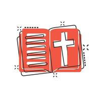 icône de livre biblique dans le style comique. illustration vectorielle de dessin animé de foi d'église sur fond blanc isolé. concept d'entreprise d'effet d'éclaboussure de spiritualité. vecteur