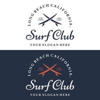 modèle de logo de planche de surf vintage, surfant sur une plage d'été.pour affaires, badge, vacances, , étiquette, emblème. vecteur