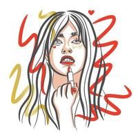 une fille aux cheveux longs peint ses lèvres avec du rouge à lèvres rouge, concept publicitaire, mode vecteur
