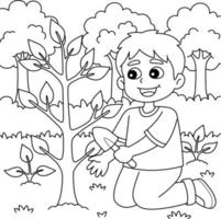 garçon plantant des arbres à colorier pour les enfants vecteur