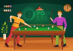 illustration de jeu de billard avec salle de billard joueur avec bâton, table et boules de billard dans un club de sport dans des modèles dessinés à la main de dessin animé plat vecteur