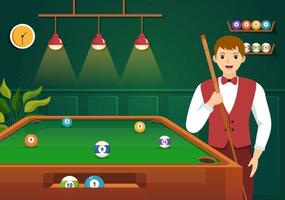 illustration de jeu de billard avec salle de billard joueur avec bâton, table et boules de billard dans un club de sport dans des modèles dessinés à la main de dessin animé plat vecteur