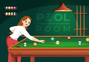 illustration de jeu de billard avec salle de billard joueur avec bâton, table et boules de billard dans un club de sport dans des modèles dessinés à la main de dessin animé plat vecteur