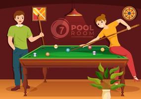 illustration de jeu de billard avec salle de billard joueur avec bâton, table et boules de billard dans un club de sport dans des modèles dessinés à la main de dessin animé plat vecteur