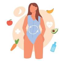 concept de régime et de métabolisme. alimentation diététique, compléments alimentaires, bonne digestion, hormones féminines, médecine préventive. illustration vectorielle plane vecteur