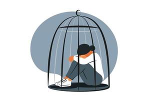 femme triste assise à l'intérieur de la cage fermée. notion de trouble mental. femme stressée frustrée ayant des problèmes d'anxiété, de stress, de maux de tête. illustration vectorielle. vecteur