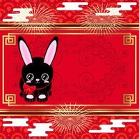 mignon lapin noir. fond d'or rouge de luxe festif. nouvel an, cadre du nouvel an chinois. vecteur