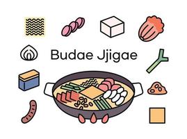 budaejjigae, un aliment qui contient l'histoire de la corée. composition d'icônes de nourriture et d'ingrédients en pot. vecteur