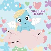 mignon petit flashcard licorne sur fond blanc. personnage de dessin animé fantastique drôle. c'est pour les œuvres d'art de mode pour enfants, les livres pour enfants, les invitations d'anniversaire, les cartes de vœux, les affiches. fichier vectoriel. vecteur