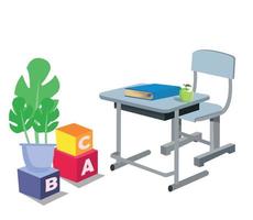 cubes de lettres avec fleur et table de cours en classe vecteur