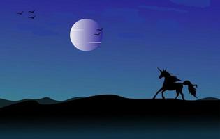 paysage au clair de lune avec licorne, fond d'illustration vectorielle gratuit, illustration de paysage de licorne, cheval de licorne magique courant dans la nuit, silhouette de licorne et conception vectorielle de paysage fantastique vecteur