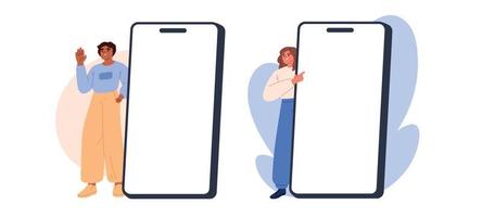 notion de connexion. l'homme et la femme utilisent le téléphone. des gens heureux tenant un mobile pour la publicité. illustration vectorielle de smartphone promotionnel vecteur