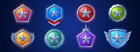 icônes de niveau de jeu, médailles, étoiles, badges d'interface utilisateur, trophée vecteur