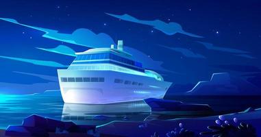 paquebot de croisière dans l'océan la nuit. navire moderne, bateau vecteur