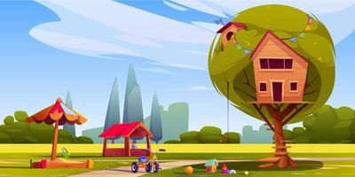 aire de jeux avec jouets et cabane dans un parc verdoyant vecteur
