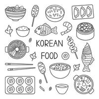 ensemble de griffonnages alimentaires coréens. cuisine asiatique. bibimbap, mandu, ramyeon en style croquis. illustration de vecteur dessiné à la main isolé sur fond blanc